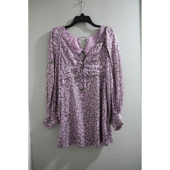 For Love &‎ Lemons June Mini Dress Long Sleeve Purple Leopard Print Tie Back